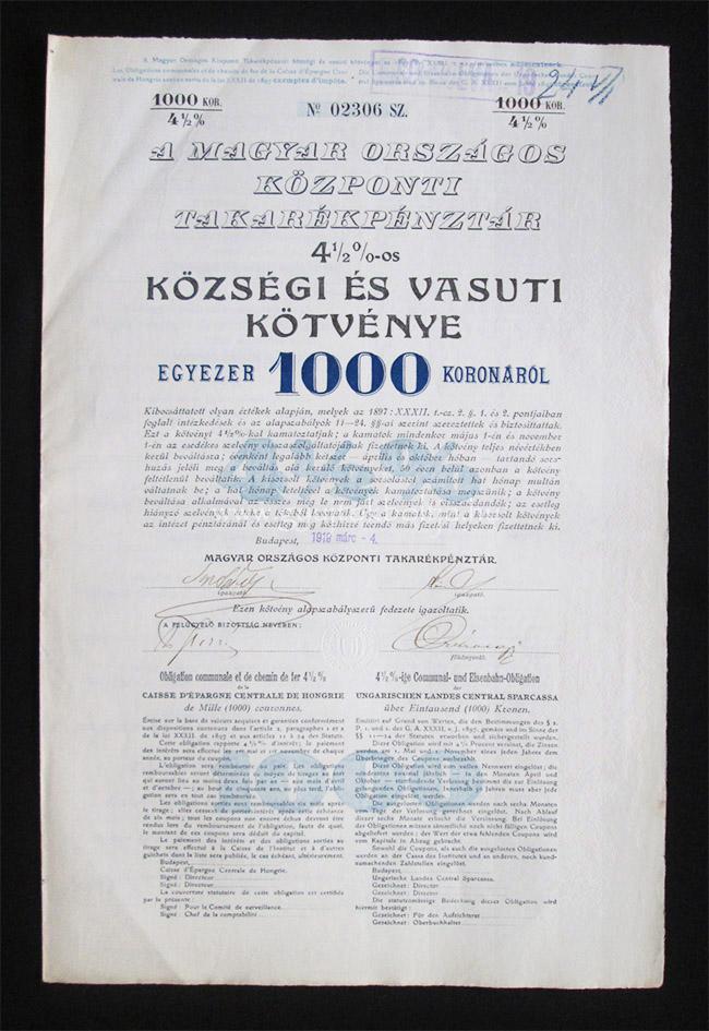 Magyar Orsz�gos K�zponti Takar�kp�nzt�r k�zs�gi �s vas�ti k�tv�ny 1000 korona 1919